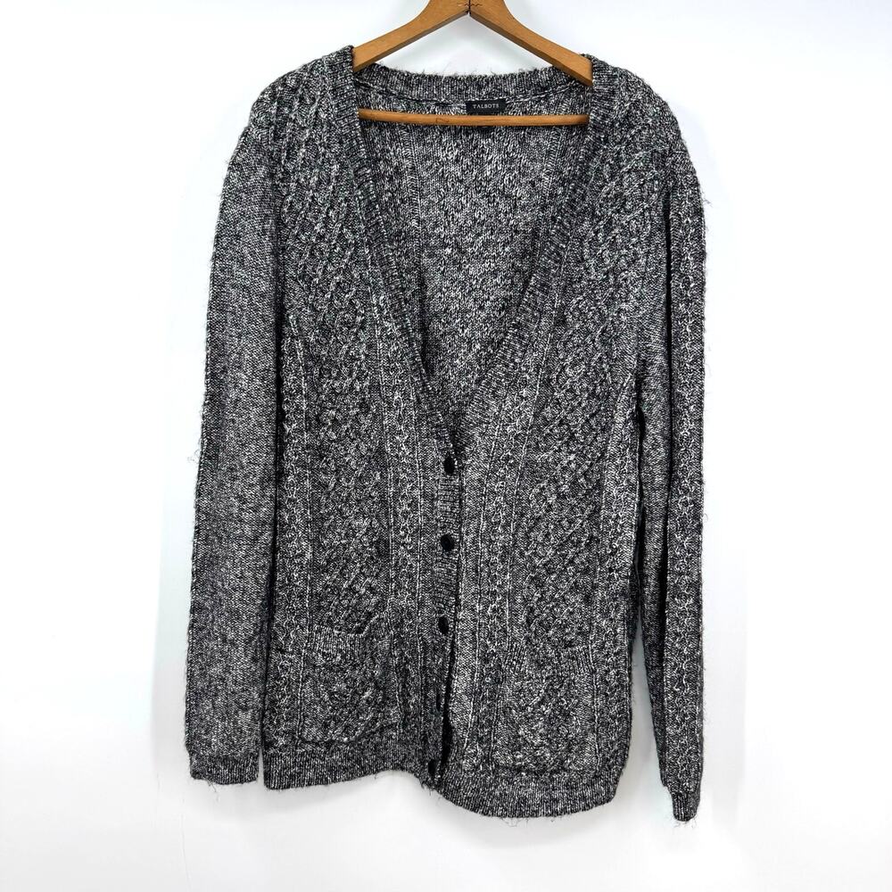 Talbots Cable Knit Fisherman Cardigan Sweater XL Black White Chunky Casual